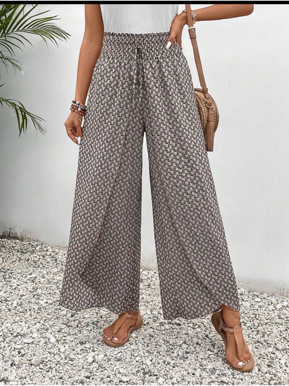 SHEIN Taupe Geometric Wide-Leg Elastic Waist Pants